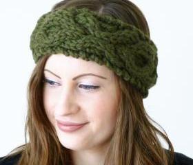 Cable xoxo headband handknitted - olive green
