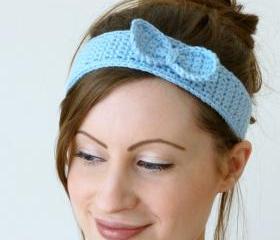 Crochet bow thin headband in blue